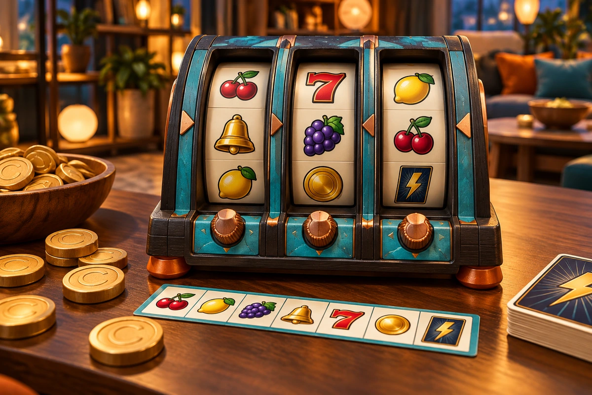 Nuvakelo: Detailed manually operated three-column symbol-reel mechanism on a tabletop