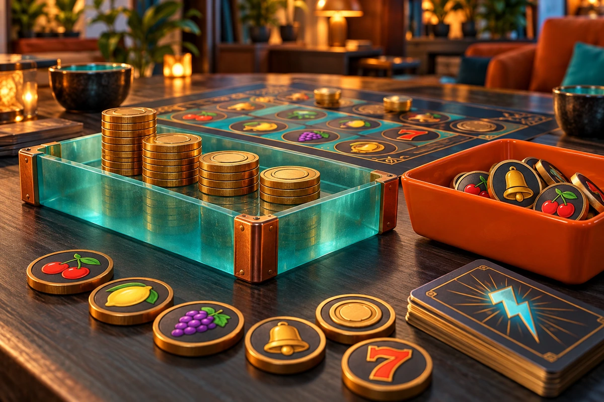 Nuvakelo: Thick wooden point coins arranged beside physical game supplies
