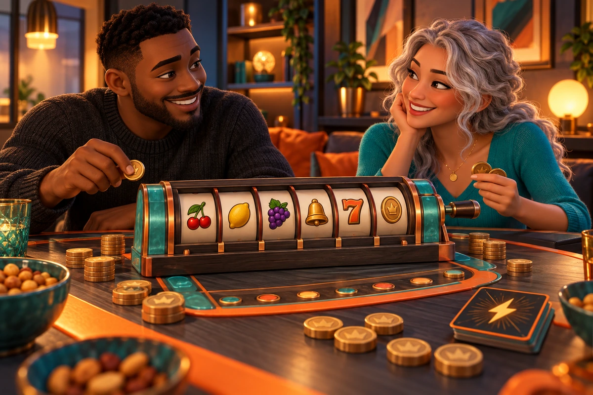 Nuvakelo: Adult friends discussing a physical coin-and-reel board game together