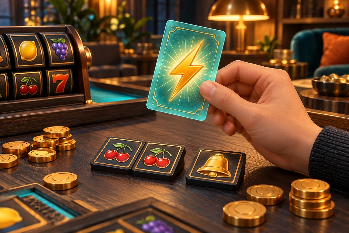 Nuvakelo: Physical lightning action card beside relevant symbol pieces and score markers