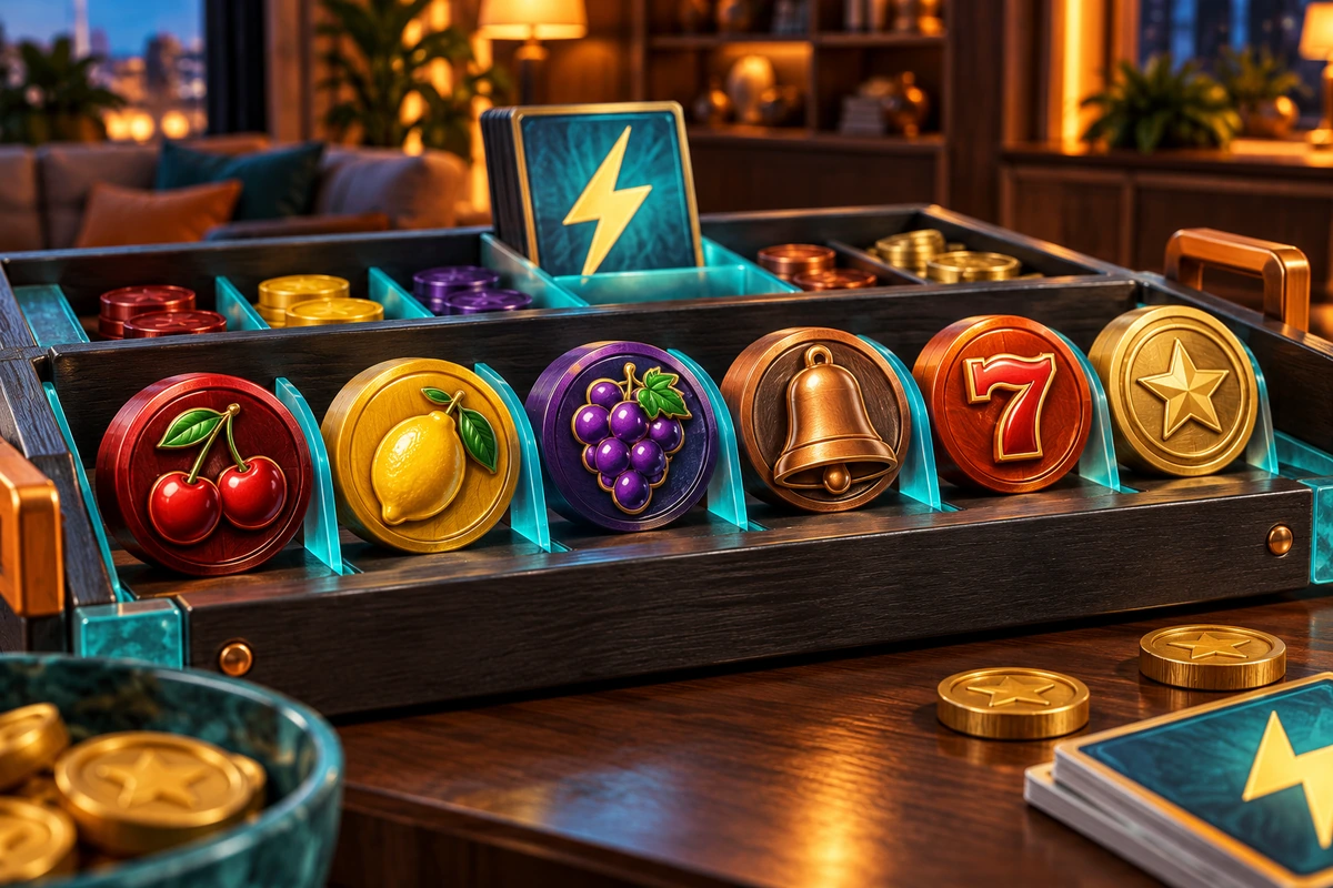 Nuvakelo: Six distinct tabletop emblem types: cherries, lemon, grapes, bell, seven and coin